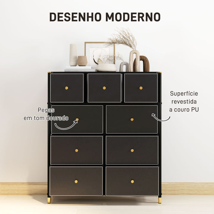 Cómoda para Dormitório Cómoda de Tecido com 9 Gavetas Dobráveis com Frentes de Couro PU e Estrutura de Aço Cómoda para Dormitório 88x30x103,5 cm Preto