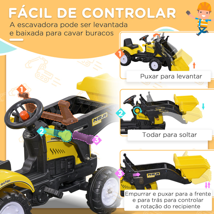 Trator a Pedal para Crianças acima de 3 Anos Trator Escavadora Infantil com Pá Dianteira Veículo a Pedais Carga Máxima 35 kg 114x41x52 cm Amarelo e Preto