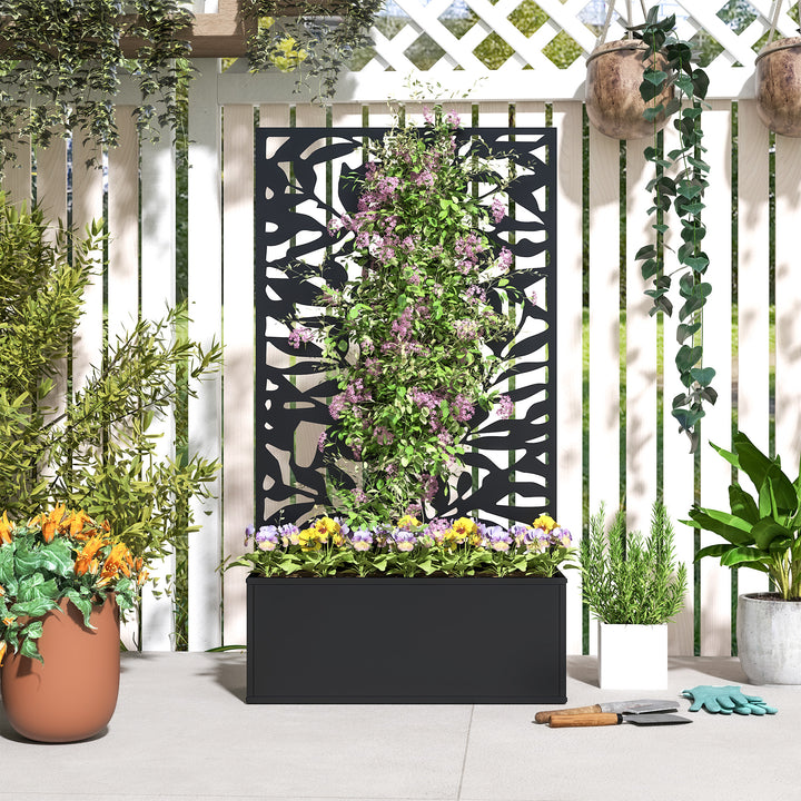 Floreira Exterior Grande de Metal com Painel de Privacidade de Folhas Sólidas Decorativas Floreira de Parede ou Independente para Jardim Terraço 61x23x113 cm Preto