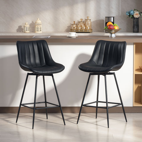 Conjunto de 2 Bancos de Bar Giratórios Bancos Altos de Cozinha com Encosto Curvado e Apoio para os Pés Estofados em PU Estrutura de Aço Cadeiras Altas de Cozinha para Sala de Jantar 47x54,5x97,5 cm Preto
