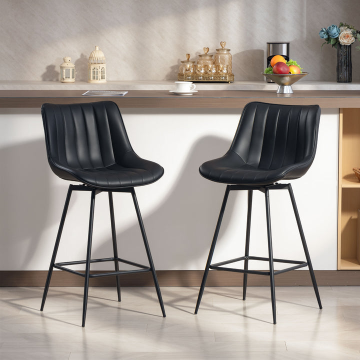 Conjunto de 2 Bancos de Bar Giratórios Bancos Altos de Cozinha com Encosto Curvado e Apoio para os Pés Estofados em PU Estrutura de Aço Cadeiras Altas de Cozinha para Sala de Jantar 47x54,5x97,5 cm Preto