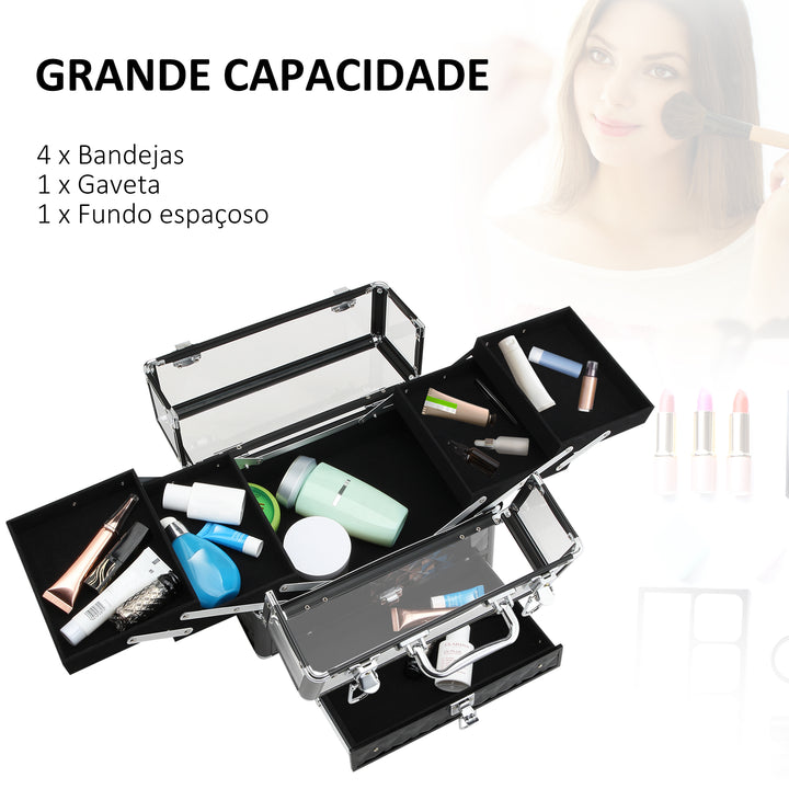 Estojo de maquiagem ou jóias Organizador de cosméticos portátil Com alça e bandejas 30x18,5x22 cm cor Transparente e preto