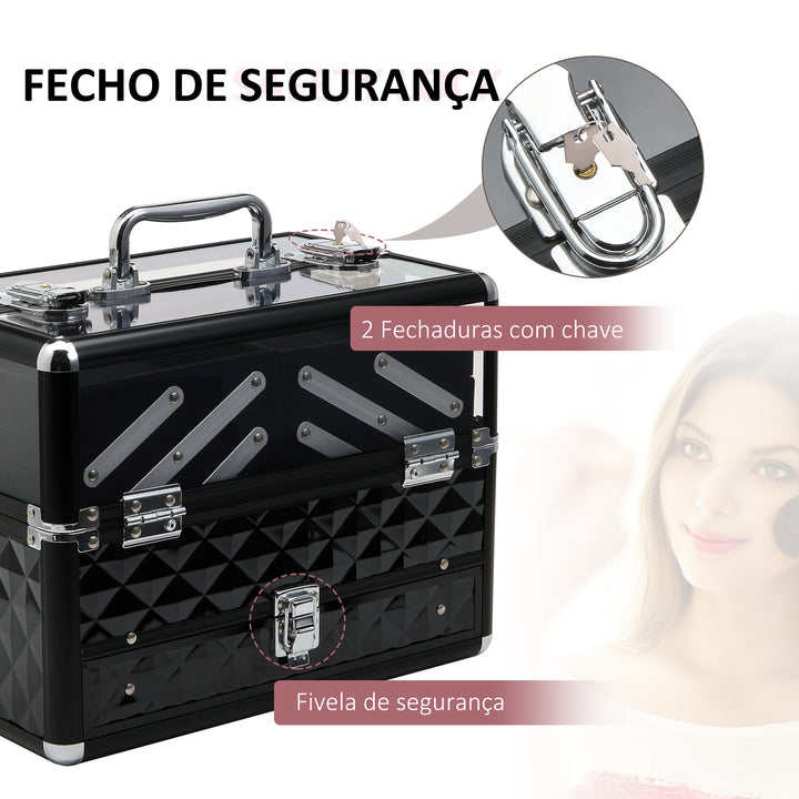 Estojo de maquiagem ou jóias Organizador de cosméticos portátil Com alça e bandejas 30x18,5x22 cm cor Transparente e preto