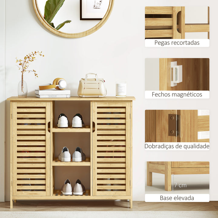 Sapateira com 2 Portas de Bambu em Ripas Sapateira para Entrada com Prateleiras e Compartimentos Abertos para 9 Pares de Sapatos 100x33x86 cm Madeira