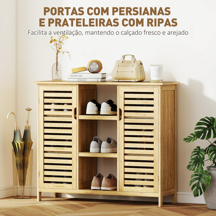 Sapateira com 2 Portas de Bambu em Ripas Sapateira para Entrada com Prateleiras e Compartimentos Abertos para 9 Pares de Sapatos 100x33x86 cm Madeira