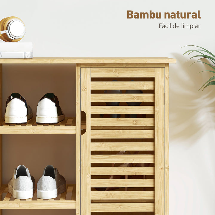 Sapateira com 2 Portas de Bambu em Ripas Sapateira para Entrada com Prateleiras e Compartimentos Abertos para 9 Pares de Sapatos 100x33x86 cm Madeira