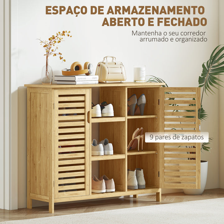Sapateira com 2 Portas de Bambu em Ripas Sapateira para Entrada com Prateleiras e Compartimentos Abertos para 9 Pares de Sapatos 100x33x86 cm Madeira