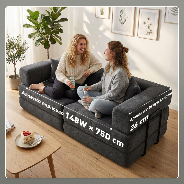Sofá Cama de 2 Lugares Dobrável Sofá Cama Estofado em Chenilla com 2 Almofadas Braços Largos Acolchoamento Grosso Sem Necessidade de Montagem para Quarto Sala Cinzento Escuro