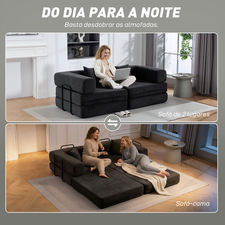 Sofá Cama de 2 Lugares Dobrável Sofá Cama Estofado em Chenilla com 2 Almofadas Braços Largos Acolchoamento Grosso Sem Necessidade de Montagem para Quarto Sala Cinzento Escuro