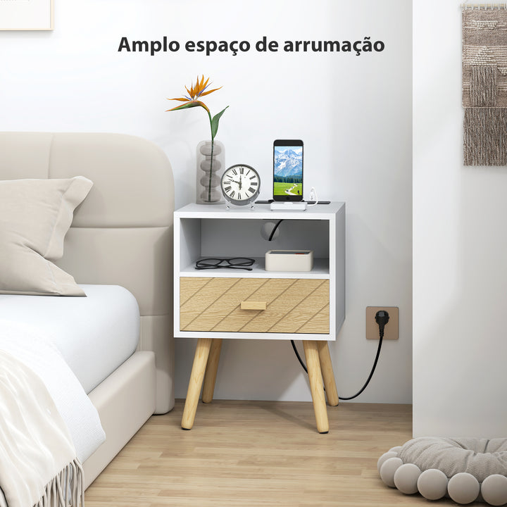 Mesa de Cabeceira com Estação de Carregamento Gaveta 2 Tomadas AC Porta USB e Tipo-C Compartimento Aberto Pernas de Madeira para Sala Quarto 40x35x54,7 cm Branco