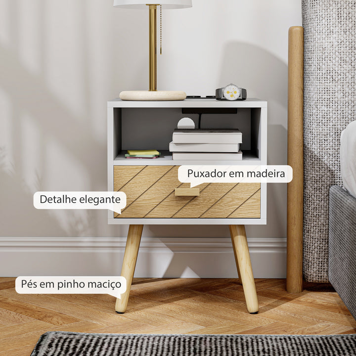 Mesa de Cabeceira com Estação de Carregamento Gaveta 2 Tomadas AC Porta USB e Tipo-C Compartimento Aberto Pernas de Madeira para Sala Quarto 40x35x54,7 cm Branco