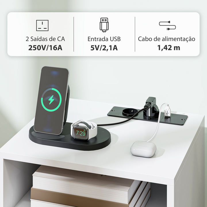 Mesa de Cabeceira com Estação de Carregamento Gaveta 2 Tomadas AC Porta USB e Tipo-C Compartimento Aberto Pernas de Madeira para Sala Quarto 40x35x54,7 cm Branco