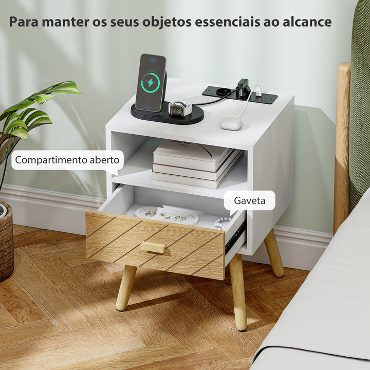 Mesa de Cabeceira com Estação de Carregamento Gaveta 2 Tomadas AC Porta USB e Tipo-C Compartimento Aberto Pernas de Madeira para Sala Quarto 40x35x54,7 cm Branco