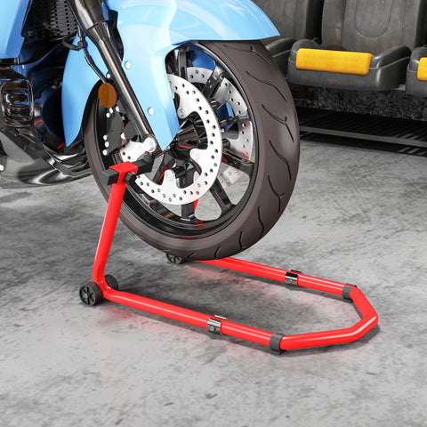 Suporte Roda Dianteira e Traseira para Mota Carga 390 kg Cavalete Moto Elevador Universal com Adaptadores de Garfos em U e L Ajustáveis e Rodas para Reparação Manutenção Vermelho