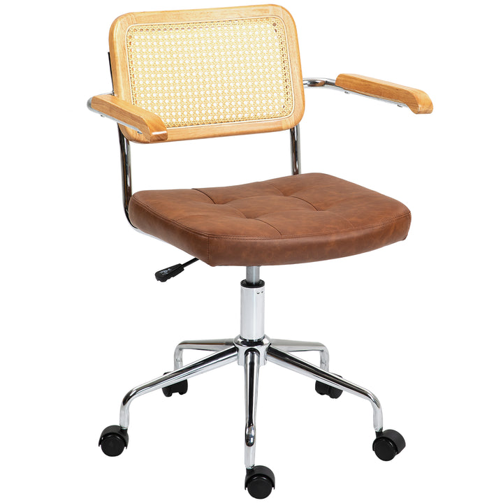 Cadeira de Escritório Giratória Cadeira de Escritório com Altura Ajustável Função Basculante e Encosto de Vime Sintético Cadeira de Estúdio Carga 120 kg 60x55,5x82-90 cm Marrom
