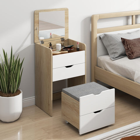 Toucador de Maquilhagem 3 em 1 com Espelho Rebatível e Banco Oculto Mesa de Maquilhagem de Vidro Visível com 3 Gavetas e Banco Acolchoado para Espaços Reduzidos Vestidor, Carvalho e Branco