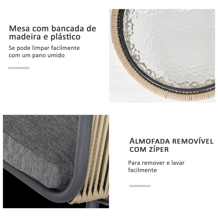 Conjunto de Móveis de Vime Conjunto de Móveis para Jardim 3 Peças Mesa Redonda e 2 Poltronas com Almofadas Acolchoadas Pátio Terraço Cinza Claro e Marrom