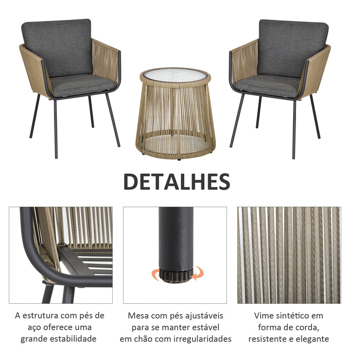 Conjunto de Móveis de Vime Conjunto de Móveis para Jardim 3 Peças Mesa Redonda e 2 Poltronas com Almofadas Acolchoadas Pátio Terraço Cinza Claro e Marrom