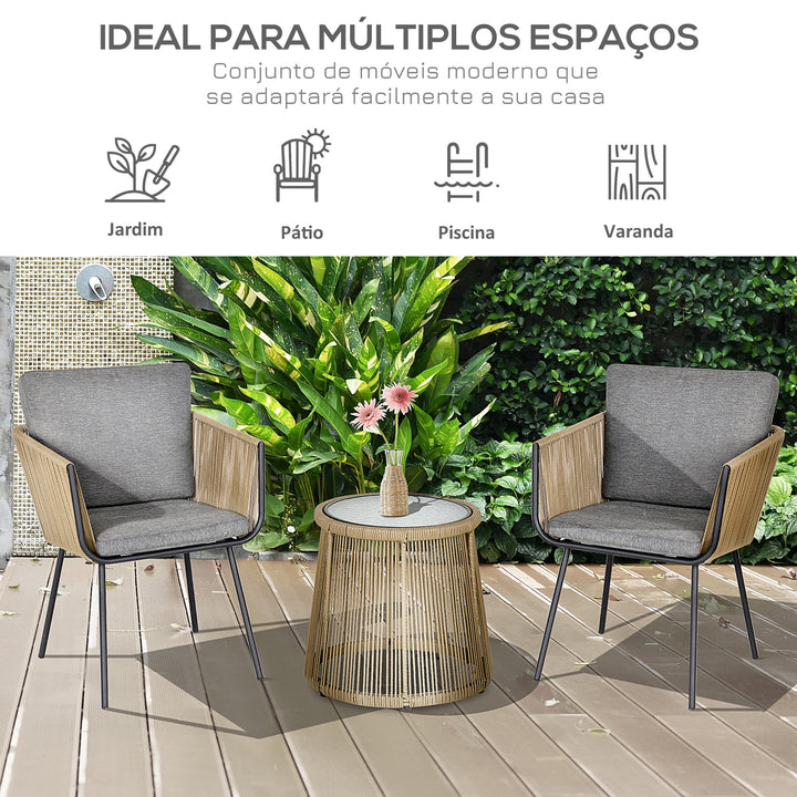 Conjunto de Móveis de Vime Conjunto de Móveis para Jardim 3 Peças Mesa Redonda e 2 Poltronas com Almofadas Acolchoadas Pátio Terraço Cinza Claro e Marrom