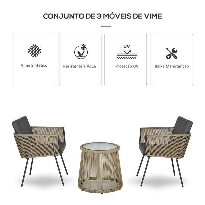 Conjunto de Móveis de Vime Conjunto de Móveis para Jardim 3 Peças Mesa Redonda e 2 Poltronas com Almofadas Acolchoadas Pátio Terraço Cinza Claro e Marrom