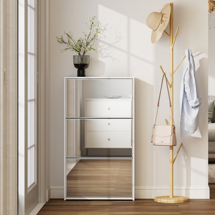 Sapateira Estreita 3 Portas com Espelho Sapateira para Entrada Corredor Para 9 Pares de Sapatos Para Corredor Espaços Reduzidos 65x17x114,5 cm Branco