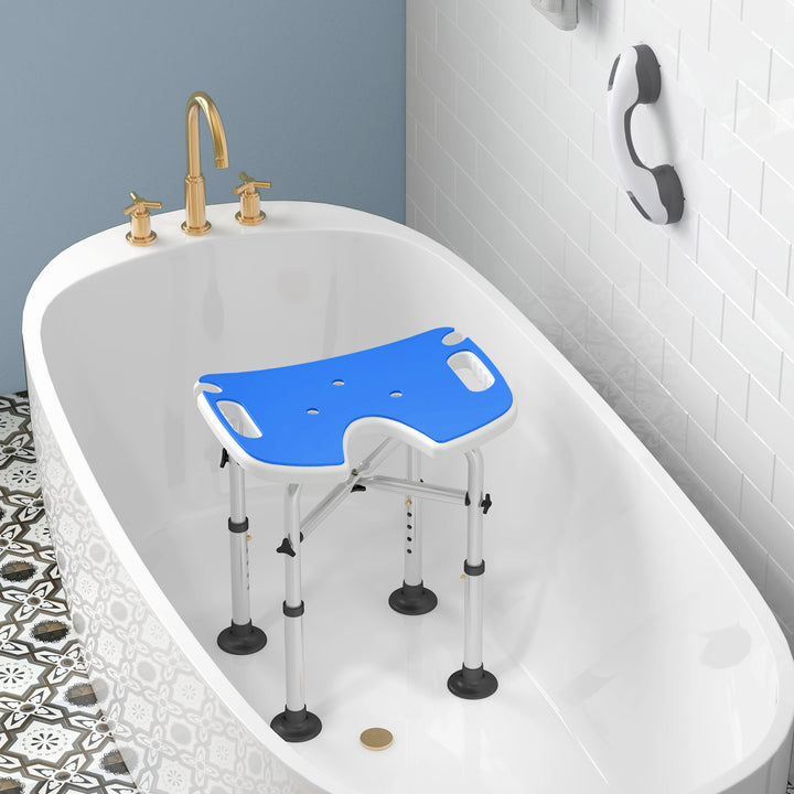 Banco de Duche Cadeira de Duche para Idosos Antiderrapante Banco para Duche com Barra de Apoio por Ventosas Altura Regulável e Assento em Forma de U Capacidade 150 kg 48,5x33x39-51,5 cm Azul