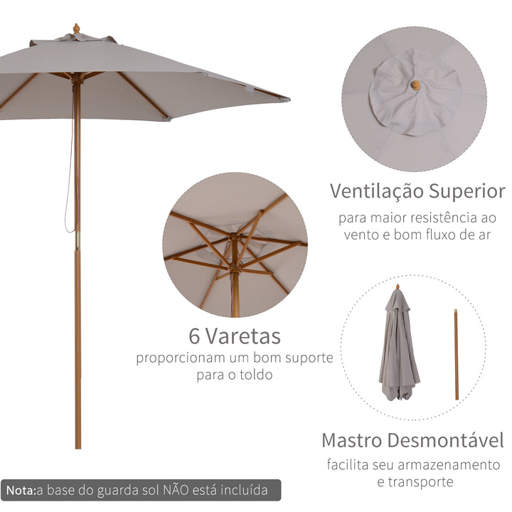 Chapéu de Sol de Madeira Ø250x230 cm para Exterior com 6 Hastes Sistema de Corda com Fixação Desmontável Portátil Fácil de Guardar e Transportar Cinza