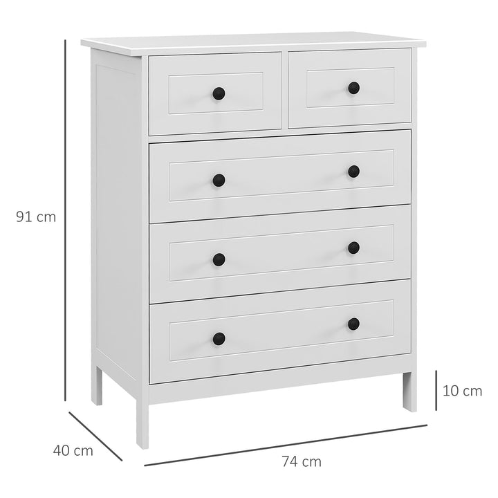 Cómoda de Dormitório Cómoda Branca com 5 Gavetas e Puxadores Cómoda Alta para Sala de Estar Estúdio Estilo Moderno 74x40x91 cm Branco