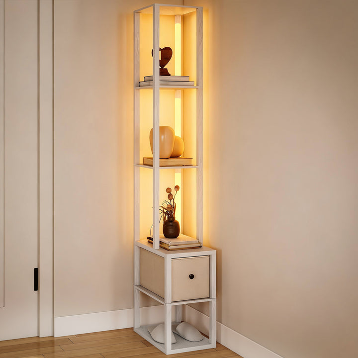 Candeeiro de Pé Moderno 169 cm com Prateleiras Abertas Candeeiro de Pé para Sala de Estar com Gaveta de Tecido e Interruptor de Pé Branco