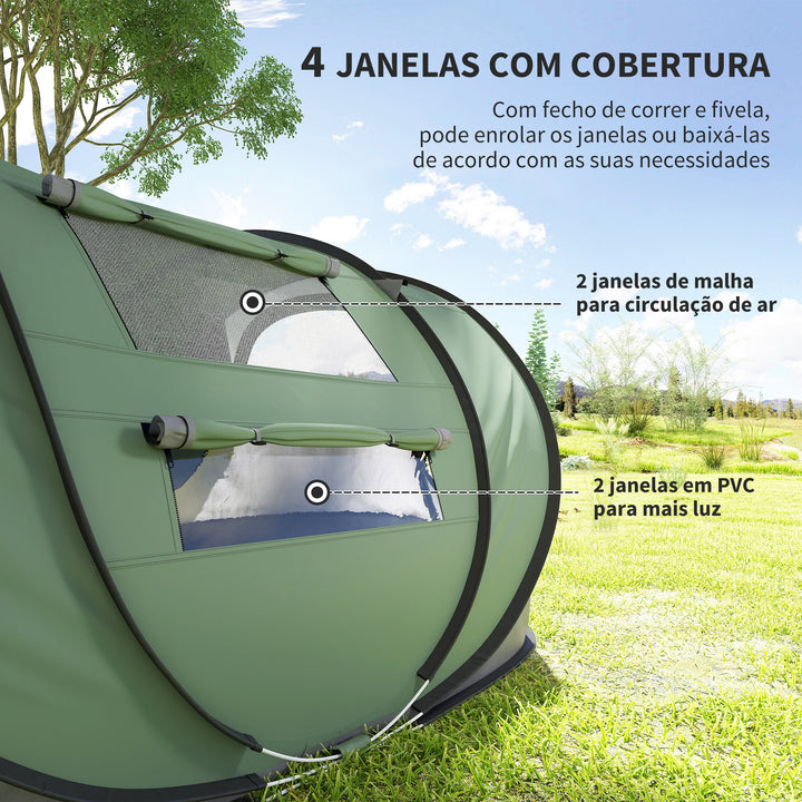 Tenda de Campismo Pop-up para 4-5 Pessoas Tenda de Campismo Instantânea com Janelas Bolsos e Bolsa de Transporte Impermeável Anti-UV 263,5x220x123 cm Verde e Cinzento