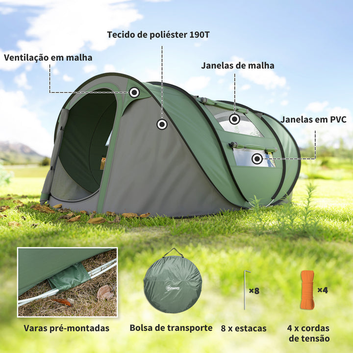 Tenda de Campismo Pop-up para 4-5 Pessoas Tenda de Campismo Instantânea com Janelas Bolsos e Bolsa de Transporte Impermeável Anti-UV 263,5x220x123 cm Verde e Cinzento
