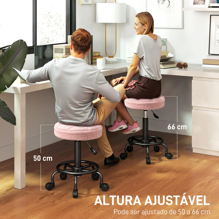 Banco Giratório Redondo Banco com Rodas Altura Regulável 50-66 cm Assento Estofado em Tecido tipo Borreguito para Salões Oficinas Spa Massagem Rosa