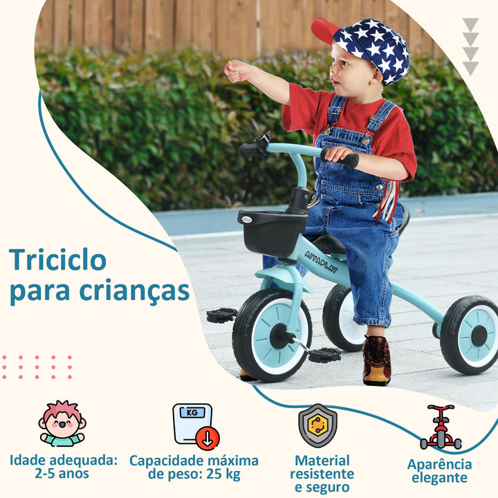 Triciclo para Crianças de 2 a 5 anos Triciclo Infantil com Assento Ajustável Cesta Buzina e Pedais e 3 Rodas Carga Máxima 25 kg 70,5x50x58 cm Azul