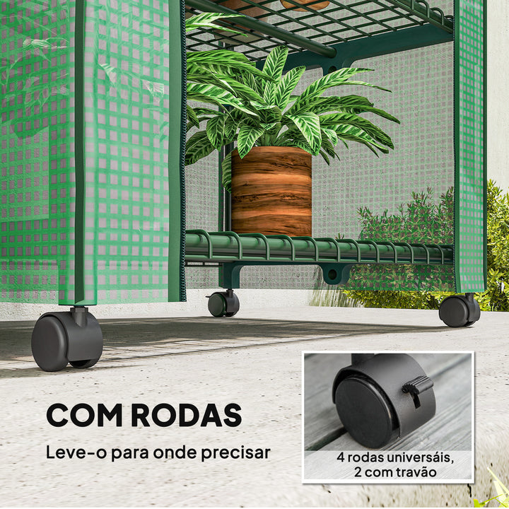 Estufa de Exterior com 4 Prateleiras e Rodas Estufa de Jardim com Porta Enrolável Estrutura em Aço e Cobertura de PE 140g/? Anti-UV para Terraço Pátio 69x50x165 cm Verde