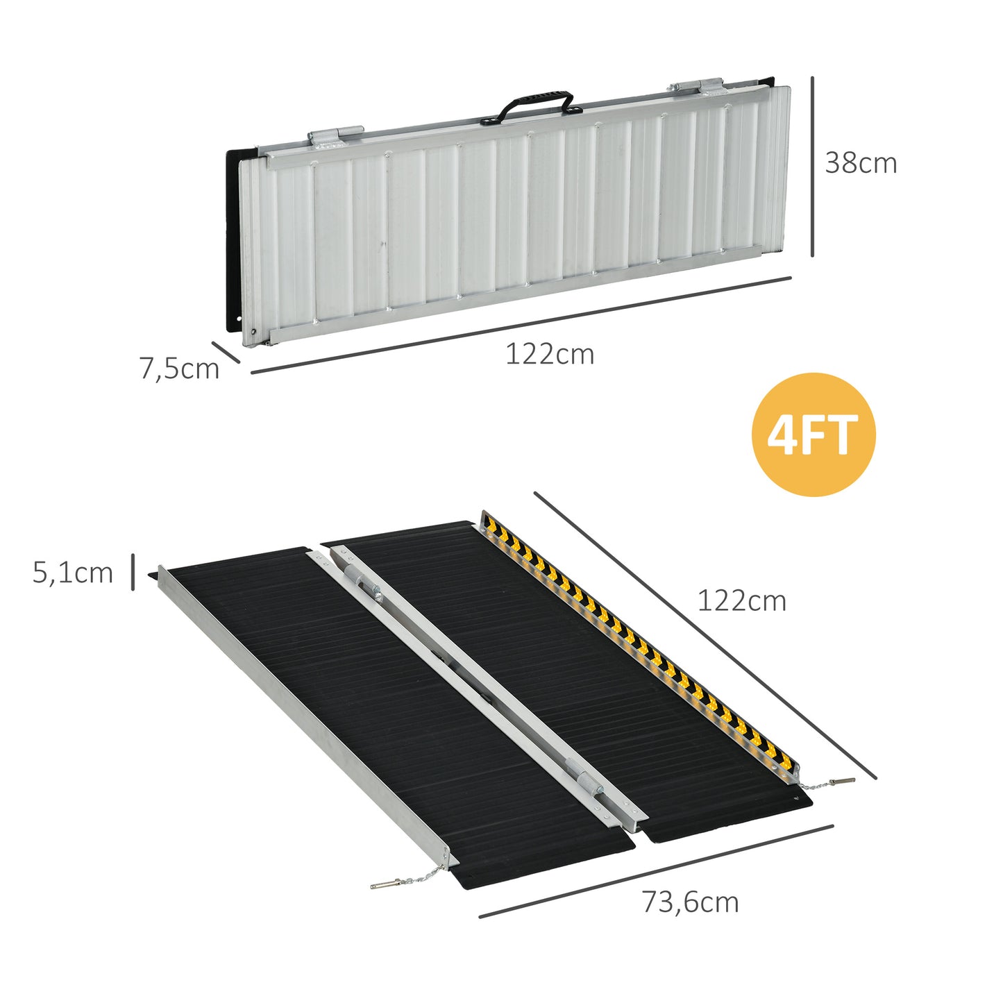 Rampa para Cadeira de Rodas Dobrável de Liga Alumínio 122 Rampa Portátil com Autocolantes Reflectores Carga 272 kg 122x73,6x5,1 cm Preto