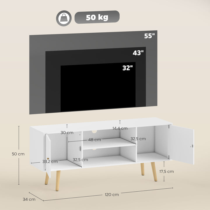 Móvel de TV de Sala de Estar Móvel para Televisores de até 55 Polegadas com 2 Portas 2 Prateleiras de Armazenamento para Escritório Dormitório 120x34x50cm Branco