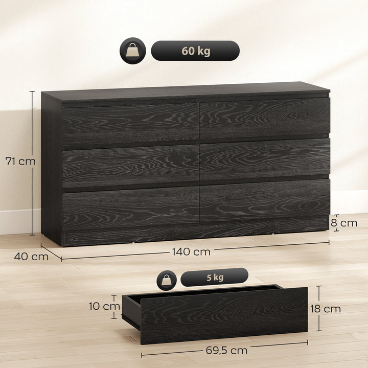 Cómoda com 6 Gavetas Estilo Moderno 140x40x71 cm Preto com Efeito Madeira