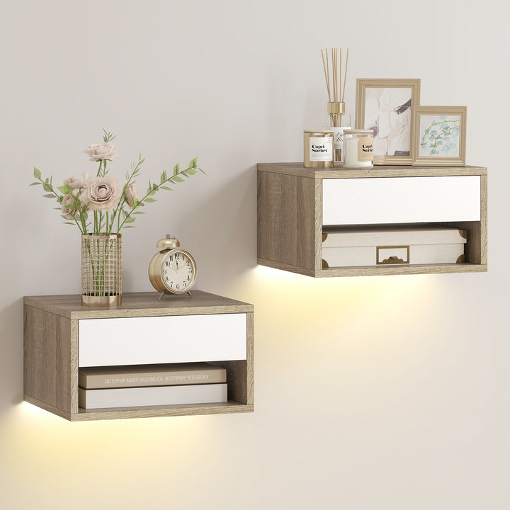 Conjunto de 2 Mesas de Cabeceira Flutuantes com Luzes LED RGB Controlo por APP Mesas de Cabeceira para Quarto com Gaveta Prateleira Aberta 37x32x21 cm Madeira e Branco