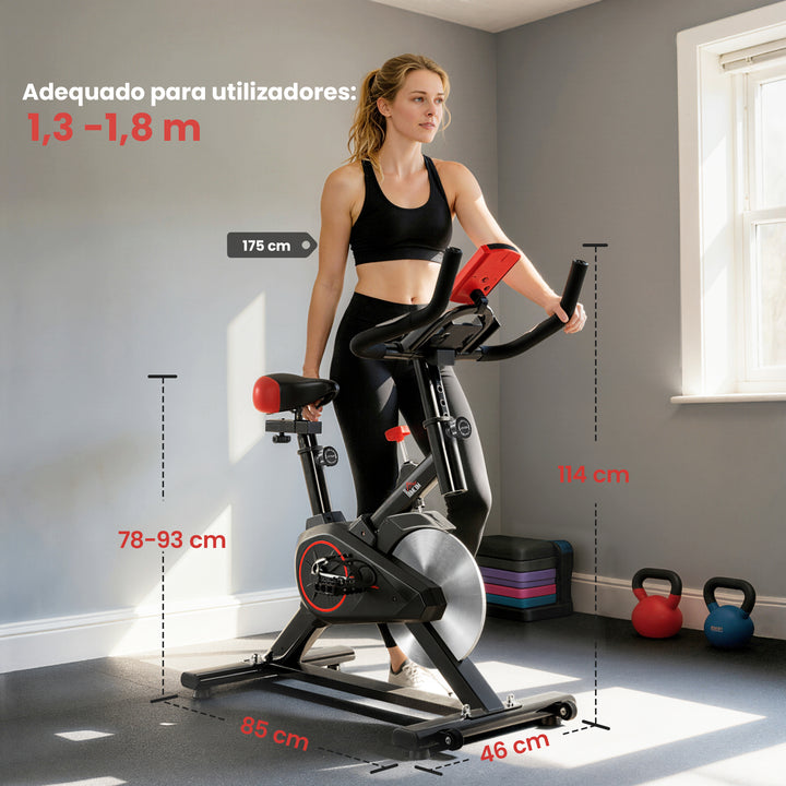 Bicicleta Estática Spinning com Monitor LCD Volante de Inércia de 6kg Assento e Guidão com Altura Ajustável Resistência Regulável 85x46x114cm Preto e Vermelho