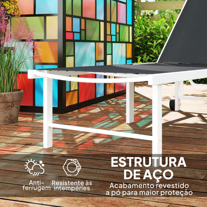 Espreguiçadeira Reclinável de Jardim com Rodas Espreguiçadeira de Exterior Encosto Ajustável em 5 Níveis e Estrutura de Aço Suporta até 120 kg para Pátio Varanda 166x60x84 cm Cinzento