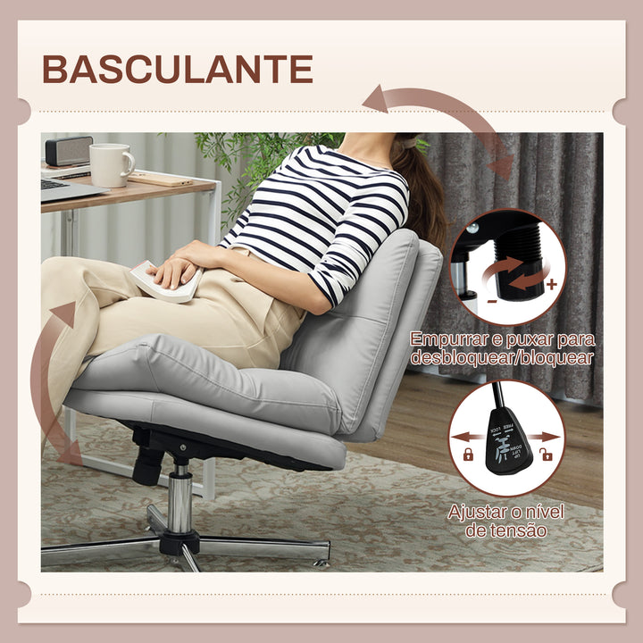 Cadeira de Escritório sem Apoio para os Braços Cadeira de Escritório com Altura Ajustável Função Basculante Base Cruzada e Assento Amplo Cadeira para Estúdio 65x65x84-94 cm Cinza Claro