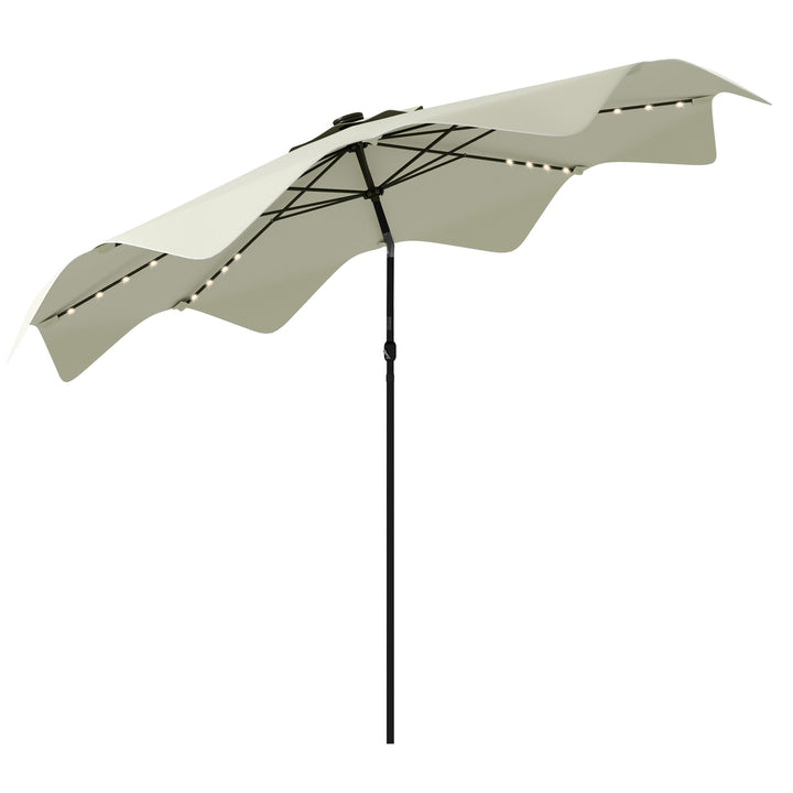 Chapéu de Sol de Jardim Ø292x248 cm Chapéu de Sol com Manivela 32 Luzes LED Solares e 8 Hastes para Pátio Varanda Exterior Creme