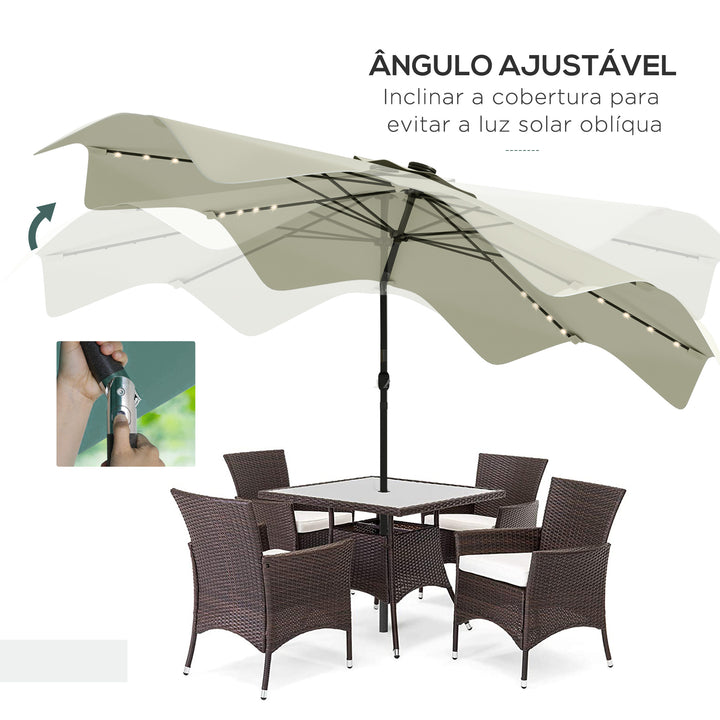Chapéu de Sol de Jardim Ø292x248 cm Chapéu de Sol com Manivela 32 Luzes LED Solares e 8 Hastes para Pátio Varanda Exterior Creme