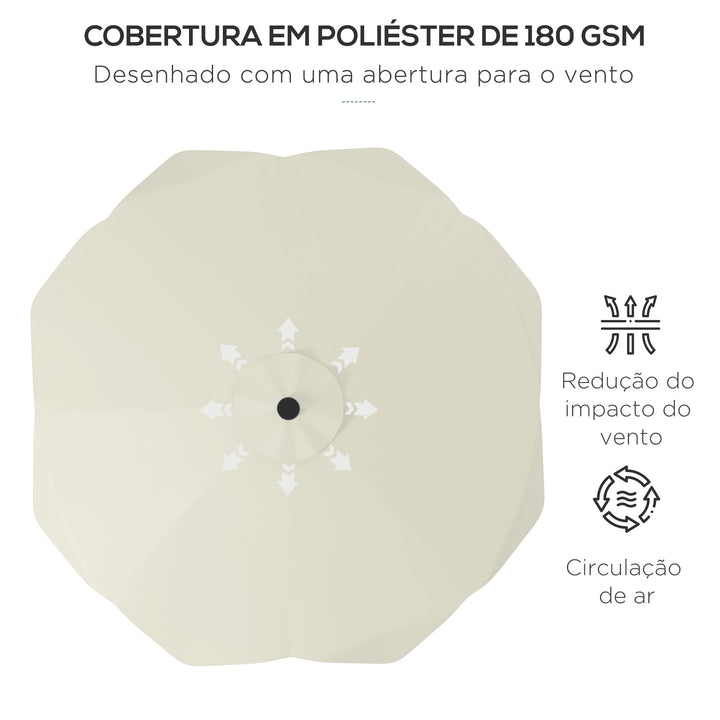 Chapéu de Sol de Jardim Ø292x248 cm Chapéu de Sol com Manivela 32 Luzes LED Solares e 8 Hastes para Pátio Varanda Exterior Creme