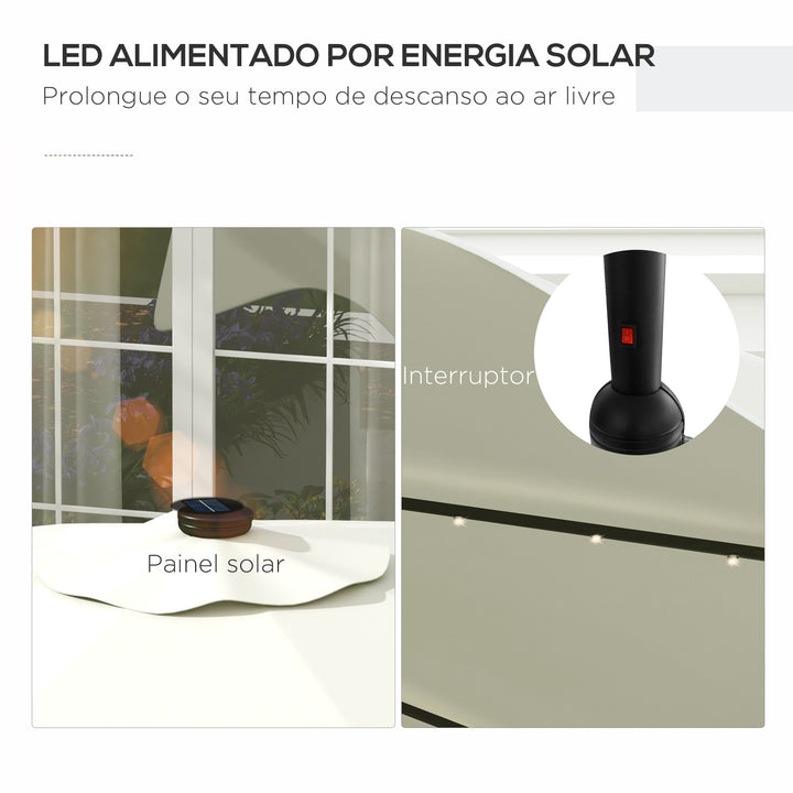 Chapéu de Sol de Jardim Ø292x248 cm Chapéu de Sol com Manivela 32 Luzes LED Solares e 8 Hastes para Pátio Varanda Exterior Creme