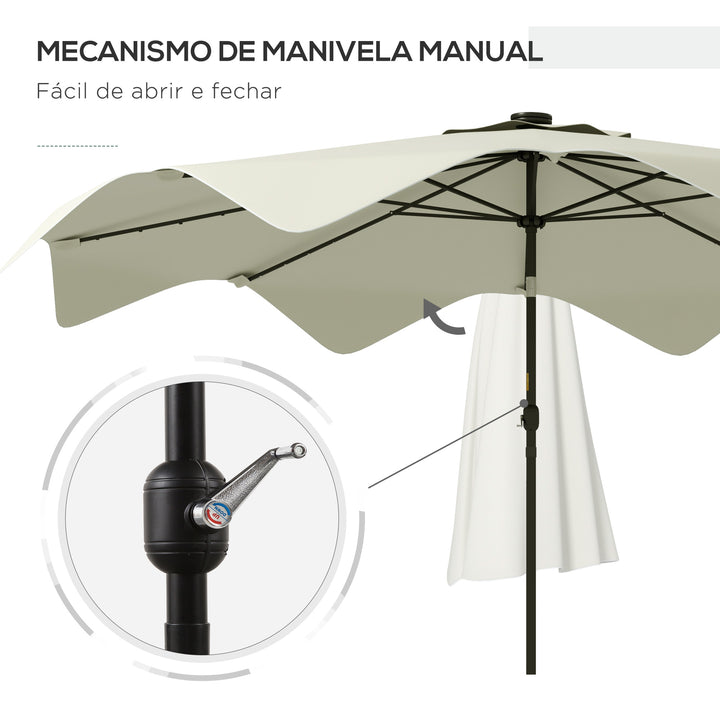 Chapéu de Sol de Jardim Ø292x248 cm Chapéu de Sol com Manivela 32 Luzes LED Solares e 8 Hastes para Pátio Varanda Exterior Creme