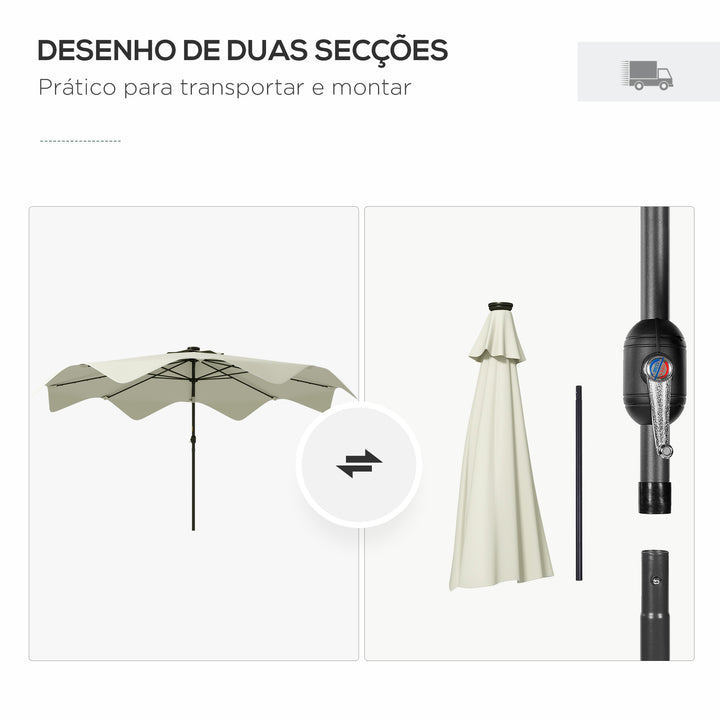Chapéu de Sol de Jardim Ø292x248 cm Chapéu de Sol com Manivela 32 Luzes LED Solares e 8 Hastes para Pátio Varanda Exterior Creme