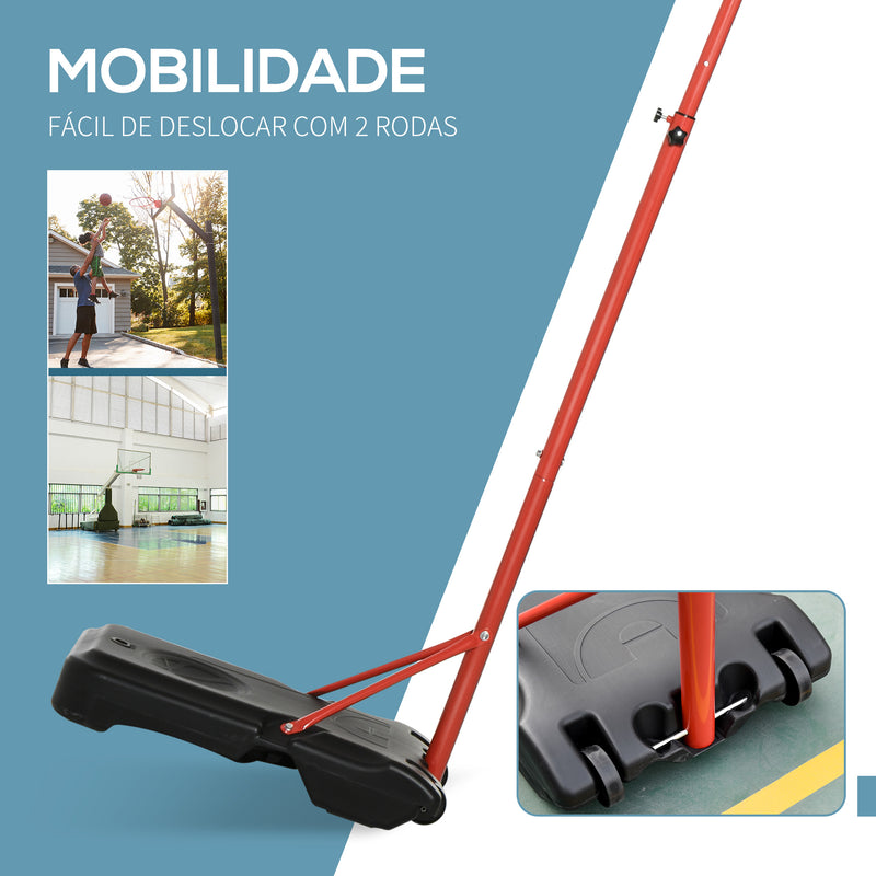 Tabela de Basquetebol com Altura Ajustável 194-249 cm Cesta de Basquetebol com Rodas e Base Recarregável para Adolescentes e Adultos Vermelho e Preto