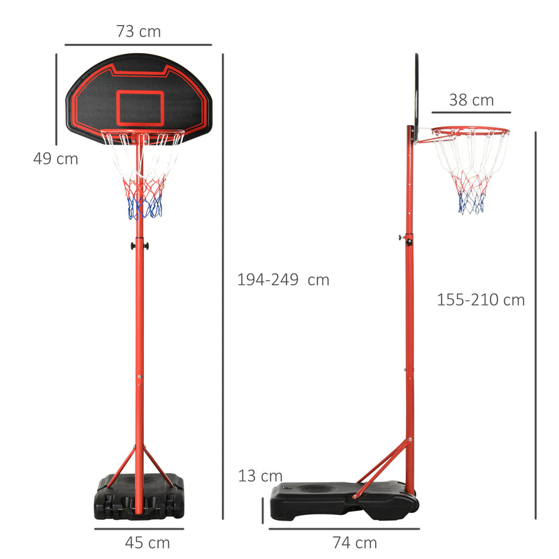 Tabela de Basquetebol com Altura Ajustável 194-249 cm Cesta de Basquetebol com Rodas e Base Recarregável para Adolescentes e Adultos Vermelho e Preto