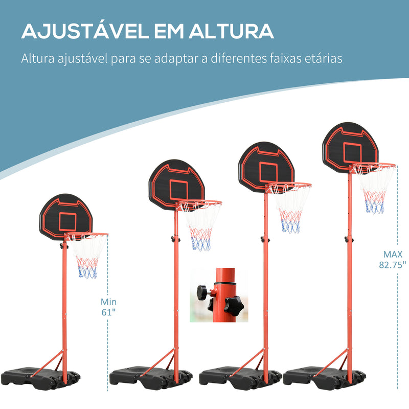 Tabela de Basquetebol com Altura Ajustável 194-249 cm Cesta de Basquetebol com Rodas e Base Recarregável para Adolescentes e Adultos Vermelho e Preto